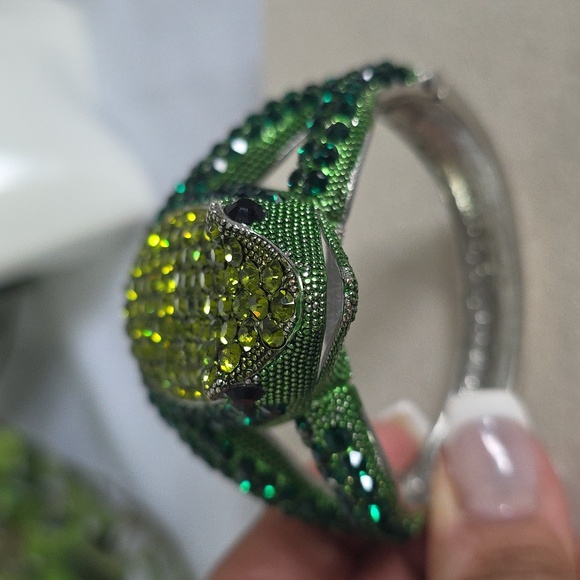 Silver Statement Bracelet Green Cubic Zirconia Frog Clamper Hinge - Picture 9 of 11